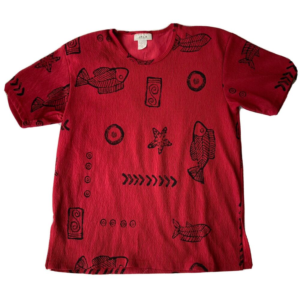JPLA Shirt Sz M Fish Hawaii Surf Tropical Red Black Summer Vintage Womens